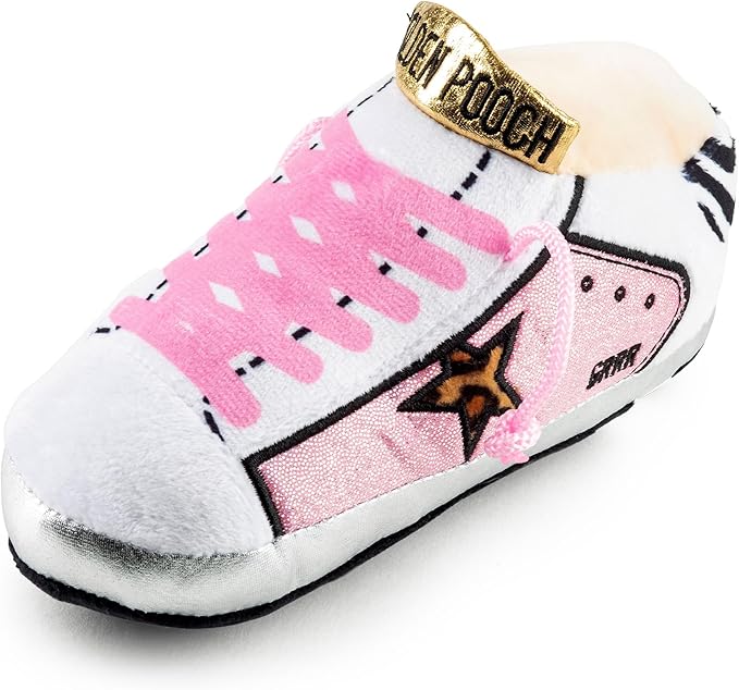 Haute Diggity Dog Pink Golden Pooch Tennis Shoe, Plush Designer Dog Toys with Interactive Squeaker, Stimulating Pet Enrichment, Machine-Washable & Safe Materials for All Breeds, One Size