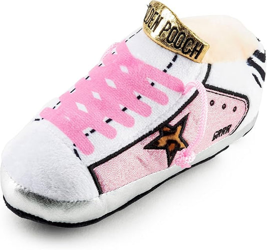 Haute Diggity Dog Pink Golden Pooch Tennis Shoe, Plush Designer Dog Toys with Interactive Squeaker, Stimulating Pet Enrichment, Machine-Washable & Safe Materials for All Breeds, One Size