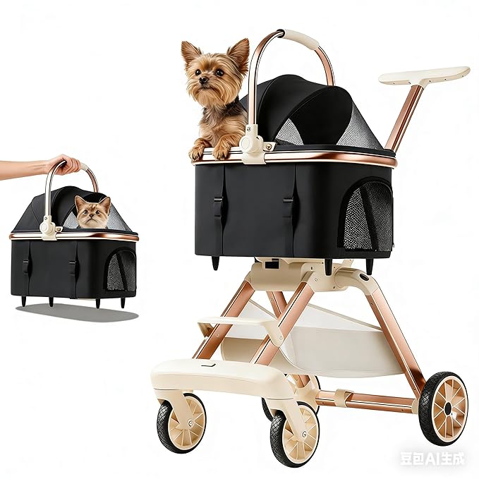 All-Terrain Pet Stroller for Small Medium Dogs & Cats, 30 lbs Capacity - Portable Carrier with One-Touch Brake, Lightweight Foldable Design & Shock Absorption Wheels,Black