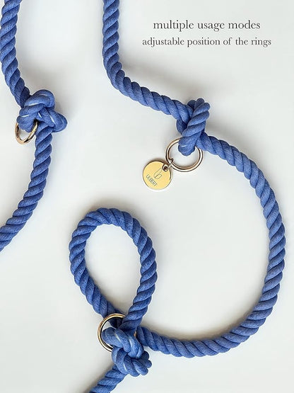 Hands Free Eco Friendly Handmade Multifunctional Cotton Rope Dog Leash 8.2 FT with Adjustable Double Swivel Hook for Medium and Large Dogs Running Hiking Camping Walking (Blue)