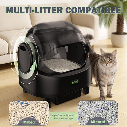 Self Cleaning Litter Box, Multiple Smart Safety Sensor, Open Top Automatic Litter Box, Large Capacity Multiple Cats, with APP Control/1 Trash Bag/1 Litter Mat, Cat Litter Box Automatic Cleaning