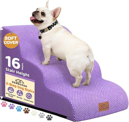 Dog Ramp and Stair for Bed 16" H-20 H,3-Step Cat Stair for Sofa and Chair,4-Step Dog Ramp for High Bed and Window,Durable Nonslip Fabric Stair for Indoor (Purple-16 H, Pet Friendly, 3)