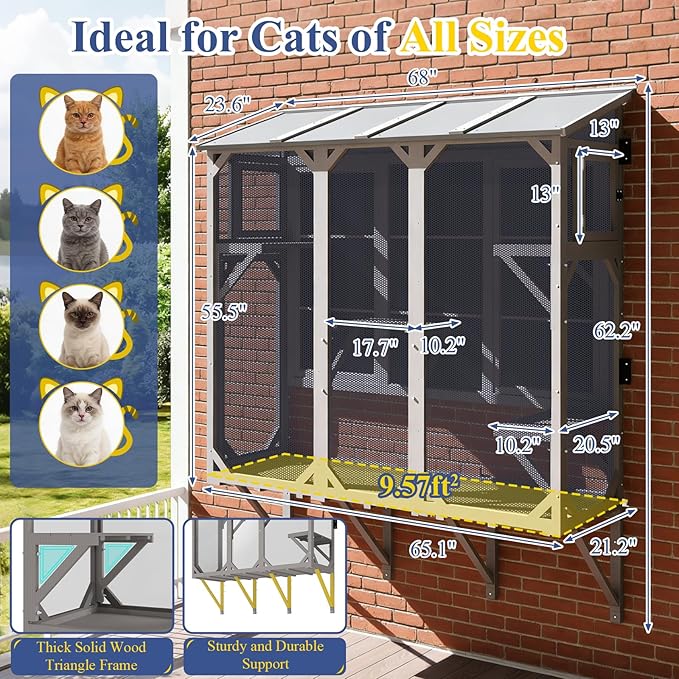 PetsCosset Cat Window Box Wooden Window Catio for Indoor Cats, Cat Enclosure with 4 Platforms & 3 Doors, Wall-Mounted Perch for Sunbathing, Play & Tunnel Connection, All-Weather Use, Keeps Insects Out