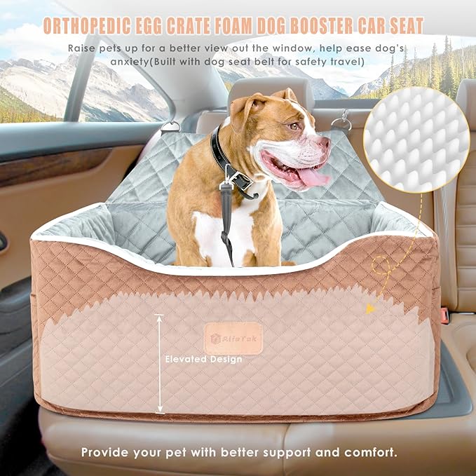 AlfaTok Memory Foam Booster Dog Car Seat Medium Dogs, Elevated Pet Car Seat Under 45 LBS, Detachable Washable, Anti-Slip Dog Booster Seat for Car Back Seat Only, Travel Dog Car Bed, Dog Seat Belt