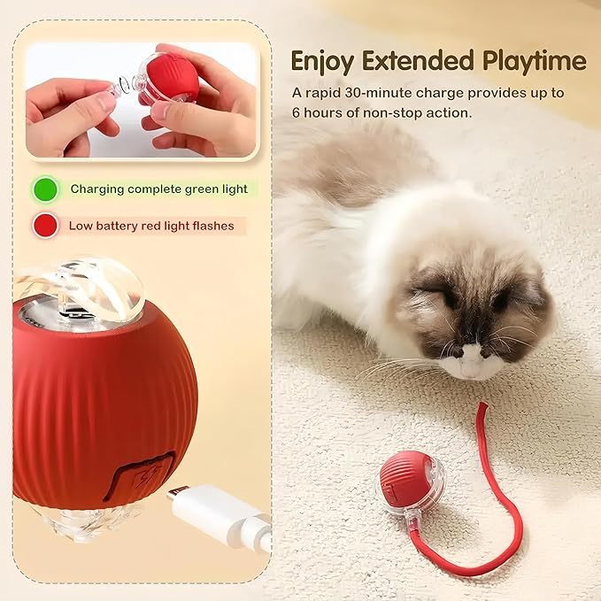Interactive Cat Ball Toy with String, Interactive Cat Toys Ball Fast Rolling，Red, Bouncing Teaser Wand