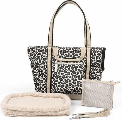 Cleverpup Transit Tote Dog Carrier for Small/Medium Dogs 8-20 lbs, 19x12x9 Soft-Sided 4-Pc Set with Waterproof Base, Plush Insert, Food Pouch, Mesh Head Opening - Medium, Leopard