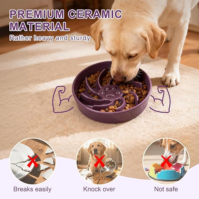 Ceramic Slow Feeder Dog Bowl, 1.5 Cup Dog Food or 20oz Water, Slow Eating Bowl for Small Breed, Maze Puzzle Feeder for Fast Eaters, Anti-Choking Stop Bloat, Non-Slip BPA Free (Purple)