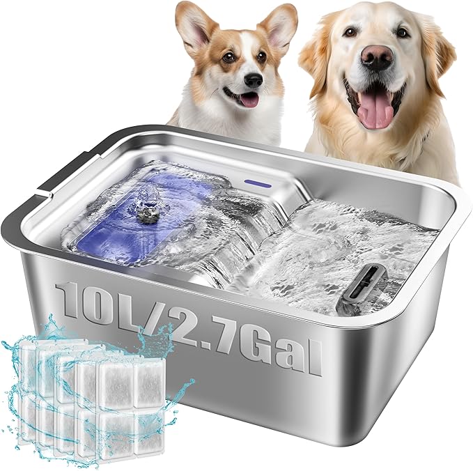 Stainless Steel Dog Fountain, 7L/10L Large Capacity Automatic Water Dispenser with 5 Filters, LED Indicator, Silent Pump for Medium to Large Cats Dogs and Multi-Pet Home (7L Fountian)