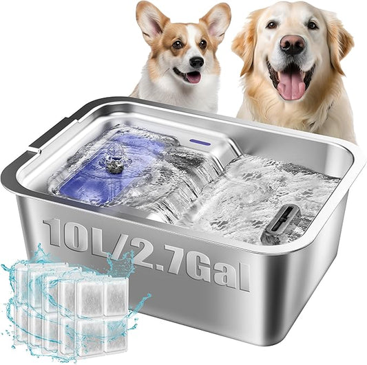 Stainless Steel Dog Fountain, 7L/10L Large Capacity Automatic Water Dispenser with 5 Filters, LED Indicator, Silent Pump for Medium to Large Cats Dogs and Multi-Pet Home (7L Fountian)