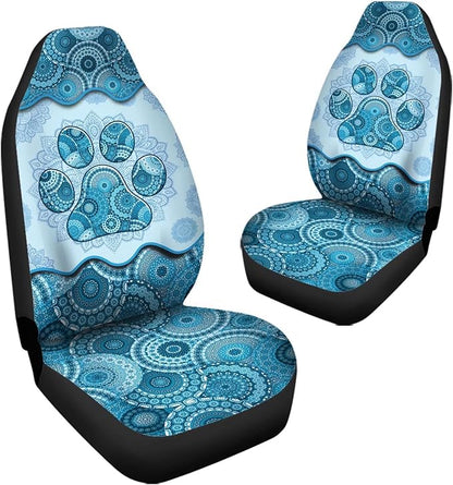 Blue Boho Paw Mandala Foral Printed Car Seat Cover Only for Front, 2-Piece Waterproof Soft Vehicle Bucket Seat Protetors Fits for Car SUV Sedan Truck