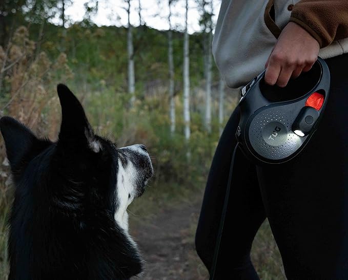 TUG Oval 360° Tangle-Free Retractable Dog Leash | Flashlight Included | Integrated Waste Bag Dispenser Pocket (Large, Black)