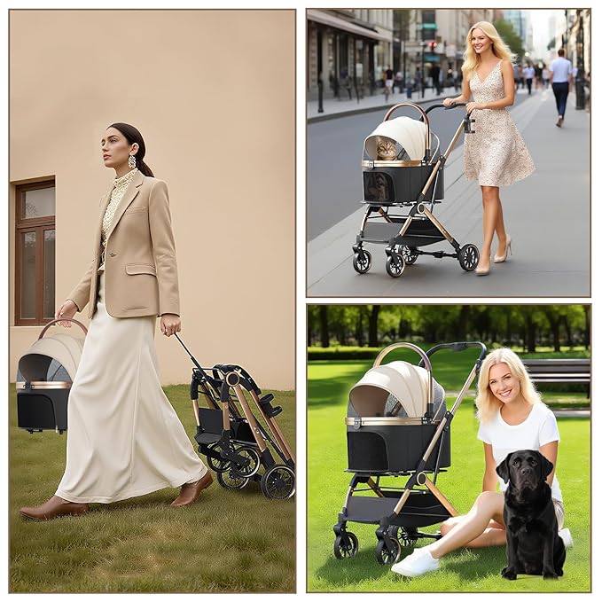 4 Wheels Pet Stroller for Small Medium Dogs Cats Up to 45 lbs Folding Dog Stroller with Detachable Breathable Carrier Suitable for Car Seat, Hand Carry & Travel, All Terrain, 3 in 1 Multifunctional