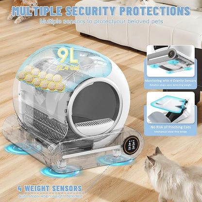 SUW Self Cleaning Litter Box, Automatic Cat Litter Box for Multiple Cats, 65L+9L Robot, 3 Rolls Grabage Bags Liner, 1 Odor Eliminator, Negative ion Deodorization, APP Control, Toilet Monitorin, White