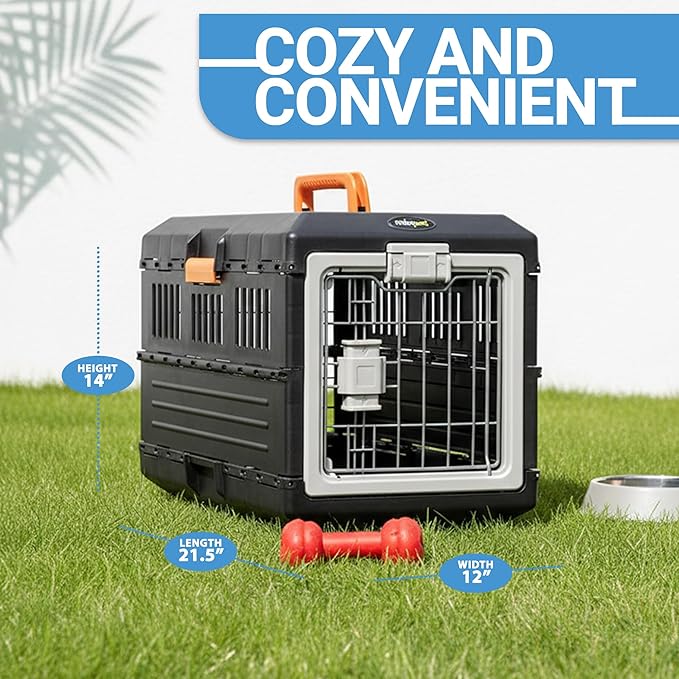 Pet Carrier & Crate, 21.5"L x 12"W x 14"H - Collapsible for Small Cats and Dogs, Portable Hard Plastic Wall Kennel for Indoor/Outdoor Use