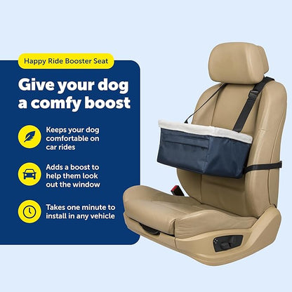 PetSafe Happy Ride Booster Seat for Dogs - Open Road Comfort - Safe Tether System - Zipper Pouch Dog Seat - Machine Washable Fleece Liner - Easy Install Design - Navy - Up to 12 lb