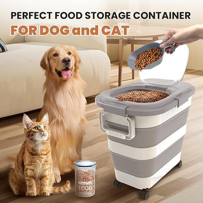 23-25 Lbs Airtight Dog Food Storage Container,Collapsible Dog Food Container with Lid,Wheels,Handle,Large Pet food storage Container with Scoop,Small Food Container for Dog Cat