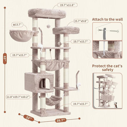 Cat Tree, Cat Tower for Large Cats with 2 Big Platforms, 2 Baskets, condo and Toys, 63" Cat Scratching Posts for Indoor Cats, Muchroom GCT020MU