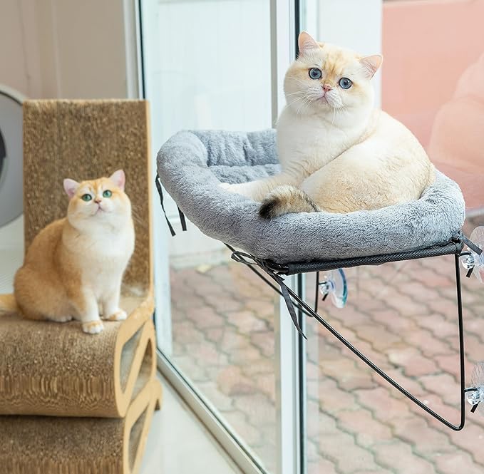 ROOVE Cat Window Perch – Luxury Cozy Hammock with Ultra-Soft Cover, Sturdy Metal Frame & 4 Strong Suction Cups, Durable Window Bed for Large Indoor Cats & Kittens to Lounge, Rest, and Observe (Grey)