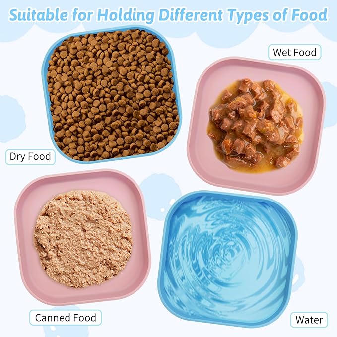 Fhiny 2PCS Silicone Cat Bowls Set 7.1 x 7.1 in Shallow Dog Dish Whisker Friendly Cat Food Plate for Dry & Wet Food Dishwasher Safe Non-Slip Pet Feeding Bowls for Kittens and Puppies (Pink+Blue)