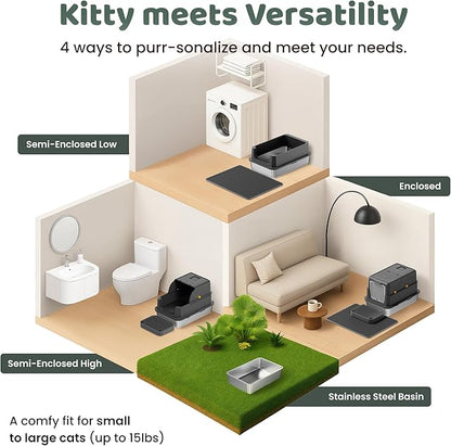 Stainless Steel Litter Box with Lid - XL Enclosed Litter Box for Cats with Collecting Mat - 4 Way Setup Fully Closed, Semi Low, High & Open Kitty Boxes, Leak Proof Metal LitterBox (Black)