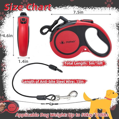 PUPTECK Retractable Dog Leash With Anti-Chewing Steel Wire, 360Tangle-Free Pet Walking for Small Medium Large Dogs, Heavy Duty up to 110lbs, 16ft Strong Reflective, One-Hand Brake Red