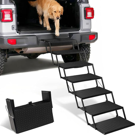 Foldable Dog Car Steps - Upgraded Non-Slip Pet Stairs for Large Dogs, Portable Metal Frame Dog Ramps for High SUV, Truck and Cars, Lightweight Pet Ladder with High Load-Bearing Capacity，Up to 350Lbs