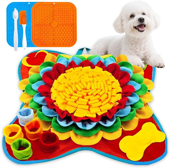 Dog Snuffle Mat and Lick Mats Set, Interactive Dog Enrichment Puzzle Toys for Puppy Small Medium Breed Dogs Cats, Cognitive Sniff Foraging Mats for Slow Feeding Treat Game Mental Stimulation