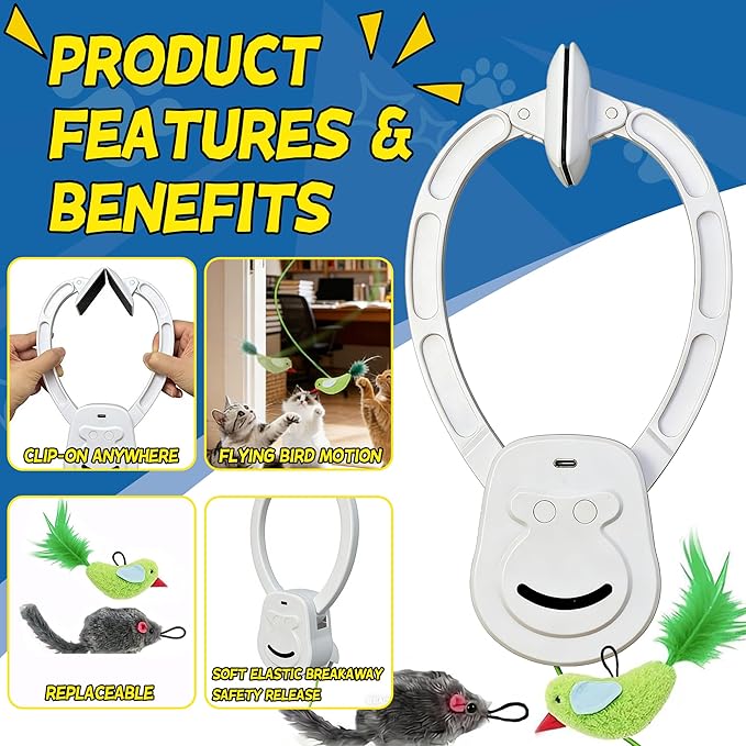 Interactive Cat Toys for Indoor Cats, Dual Modes Automatic Hanging Cat Toy with Quiet Motor, USB Rechargeable, Flying Bird Feather Mouse Toy for Kittens, Bored Adult Cats & Multi-Cat Households