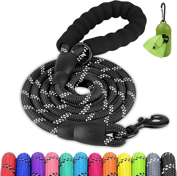 Joytale Dog Leash for Large Dogs, Heavy Duty Nylon Leashes with Comfortable Padded Handle and Highly Reflective Threads, Ideal for Walking and Training, Black, 6'×1/2''