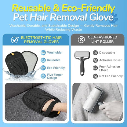 Pet Hair Removal Glove & Brush Set – Self-Cleaning Slicker Deshedding Brush and Reusable Hair Removal Glove for Dogs, and Cats, Gentle Grooming Tool for Long & Short Haired Pets