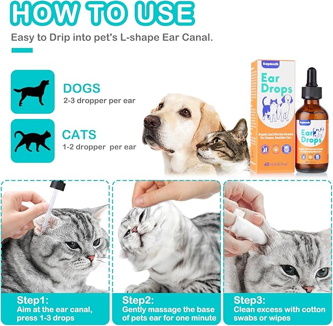 Dog Ear Drops, Dog Ear Cleaner Drops, Ear Infection Treatment for Dogs and Cats, Natural Herbal Ear Cleaning Solution for Dirty,Itchy,Smelly,Inflammed Pet Ears, 2 oz*2 with Dropper