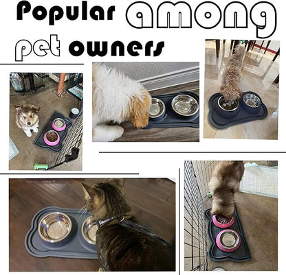 Dog Bowls Stainless Steel Slow Feeder Set with Silicone Mat-100% Waterproof BPA Free Cat and Dog Food Bowls No-Spill and Non-Skid-Pet Feeder Water Bowls for Puppy Medium Dogs Cats