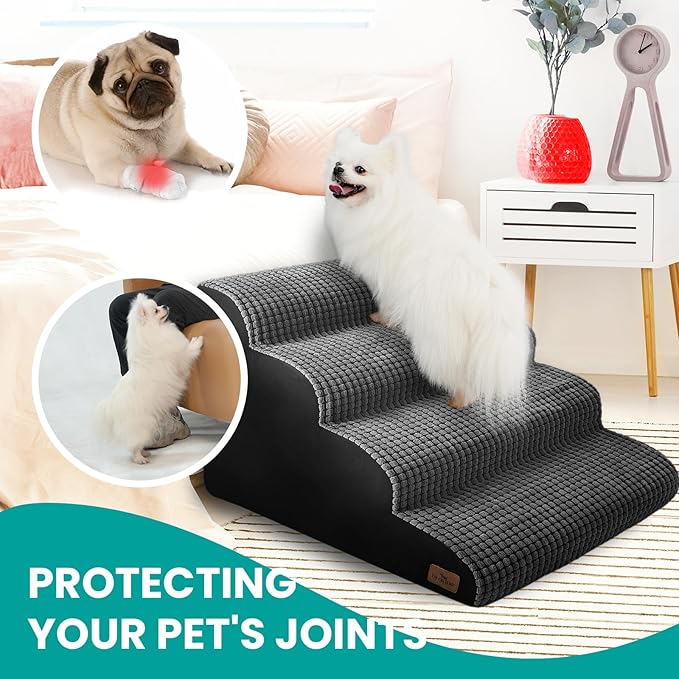 Dog Stairs - 20.5" H 4 Step Curved Dog Ramp for High Bed & Couch, Foam Ramp with Non-Slip Waterproof Fabric Cover, Grey