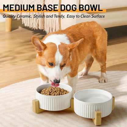 Non-Slip Ceramic Dog Bowls with Wood Stand,6" Dog Food and Water Bowl Set with Silicone Base, 32 OZ/4 Cups Weighted Flip-Proof Pet Feeding Bowl for Small Dogs and Cats (Medium,White)