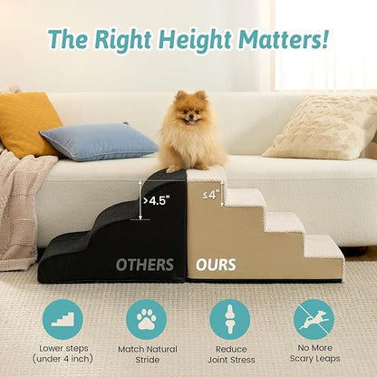 Dog Stairs for Small Dogs 15.7" H, 4-Step Gentle Incline Pet Step for Couch Sofa, Non-Slip Right-Angle Dog Ramp for Puppy Doggie Senior Cats, 15.7x23.6x15.7 Inch, Beige