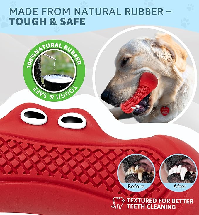 Durable Dog Chew Toy for Aggressive Chewers, Tough Natural Rubber Squeaky Dog Toy with Irresistible Beef Flavor, Dental Care, Teeth Cleaning & Boredom Relief for Medium & Large Dogs (Red)