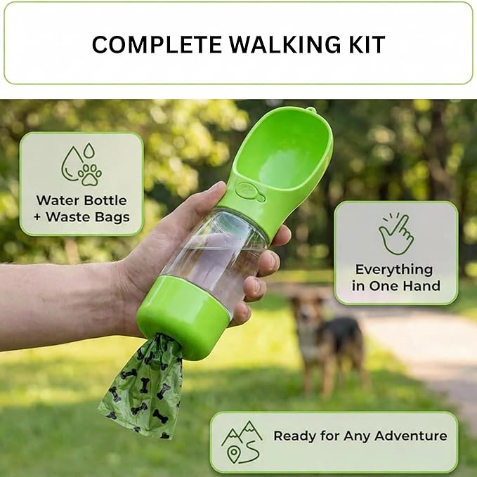 3-in-1 Dog & Cat Water Bottle with Food Container & Poop Bag Holder – Includes 60 Extra Waste Bags – 13.5oz Leak-Proof, BPA-Free Portable Pet Travel Dispenser, Green