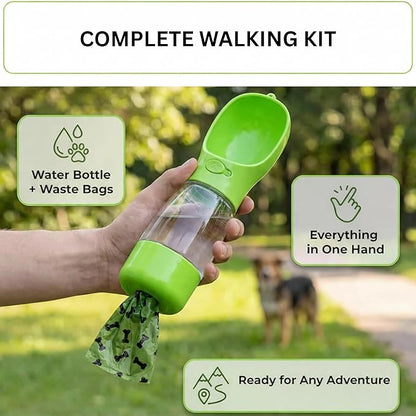 3-in-1 Dog & Cat Water Bottle with Food Container & Poop Bag Holder – Includes 60 Extra Waste Bags – 13.5oz Leak-Proof, BPA-Free Portable Pet Travel Dispenser, Green