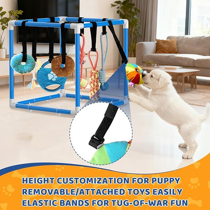 Puppy Play Gym with 8 Hanging Toys Interactive Puppy Toys for Small Breed Indoor Play Gym for Boredom Enrichment Activity Teething PVC Frame Stretchy Rope with Velcro (Blue)