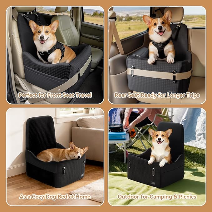 PETSFIT Dog Booster Car Seat for Small/Medium Dogs Up to 35 lbs – Patented Safety System, 6" Memory Foam Pet Car Seat, Fully Detachable and Washable Cover, Front/Back Seat Travel Booster (Black)