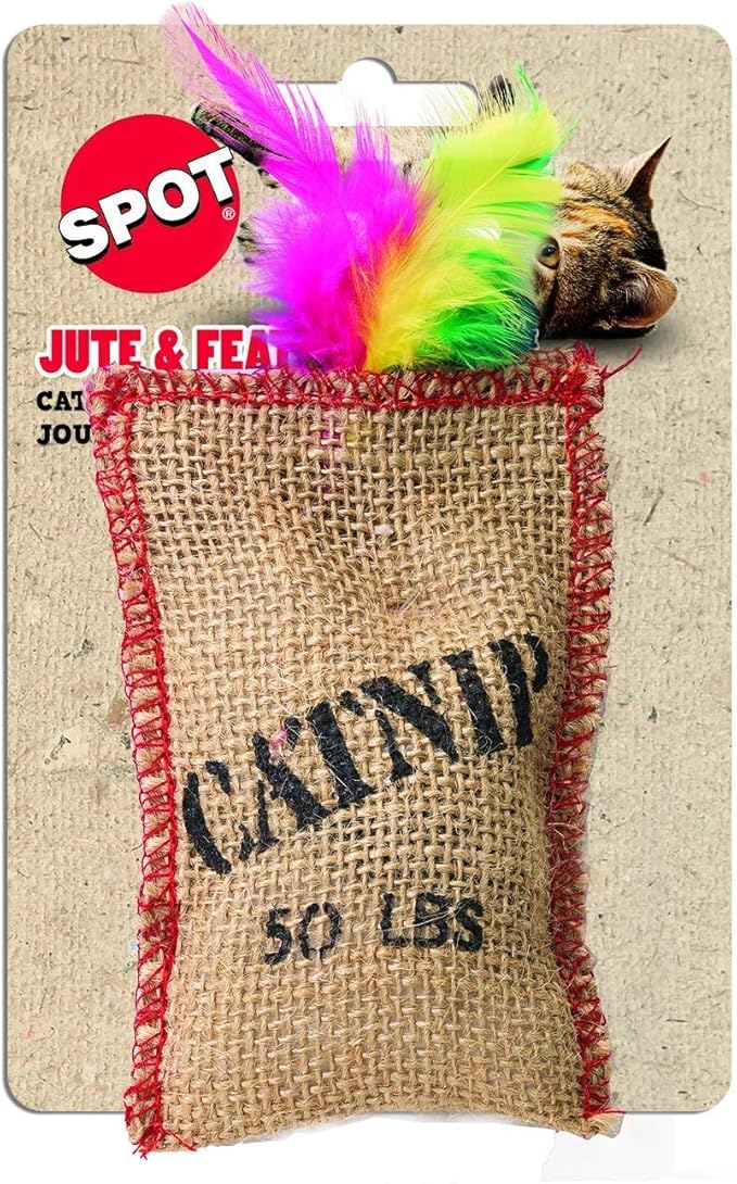 SPOT Jute and Feather Sack with Catnip Cat Toy, Blacks & Grays, 4 inch