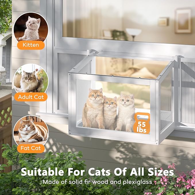MUPATER Cat Window Box, Catio Outdoor Cat Enclosure Perch, Fits Double Hung Frames 26" to 42" Wide, All-Weather Use Wooden Window Kitty House, for Napping, Sunbathing & Nature Viewing, White
