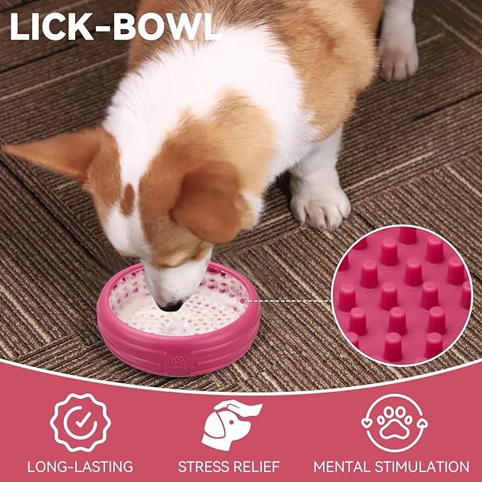 Dog Lick Bowl, Animire Freeze Lick Mat for Dogs, Non-Slip Slow Feeder Licking Bowl Enrichment Treat for Distraction Anxiety Relief, Food Grade Silicone, Dishwasher Safe(Rose,S)