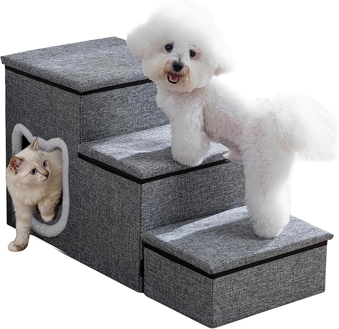 Dog Stairs for Small Dogs, 3-Step Non-Slip Pet Stairs for Cats, Small Dog Steps with Storage and Condo, Indoor Cat Steps for Older Cats, Arthritis-Friendly, Grey