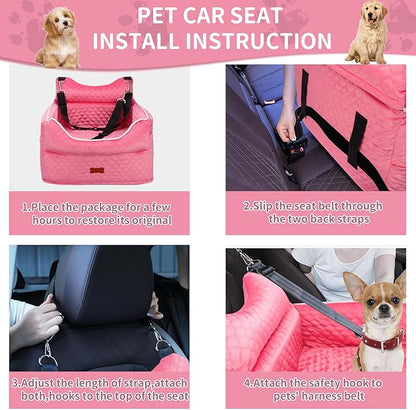 Dog Car Seat - Memory Foam Dog Booster Seat for Small Dogs Up to 25lbs-Elevated Pet Car Seat with Storage Pockets and Dog Seat Belt-Soft Pet Travel Bed for Front & Back Seats-Removable Washable-Pink