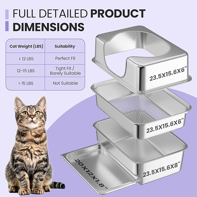 Stainless Steel Sifting Litter Box with Lid for Pine Pellets,Extra Large XL Pellet Litter Box Sifter with Removable Drawer Pan for Big Cats,Metal Litter Sifting Pan 23.5" x 15.7" x 8"