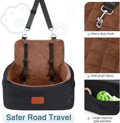 WOOAIDAGG Dog Car Seat for Small Dogs Under 30lbs,Ultra Soft Fabric & Memory Foam Pet Travel Car Bed,Washable & Detachable,Anti-Slip Bottom,2 Storage Pockets and Safety Tethers(Black/Brown)