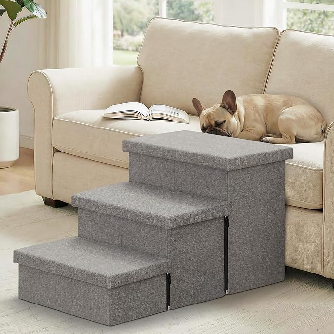 Dog Stairs 18" H, 3-Step Wider Dog Steps for High Beds Couch, Folding Storage Pet Stairs Gift for Small/Medium/Large Old Dogs Cats, Ramp for Climbing Car Up to 200 lbs, (Gray, with Condo)