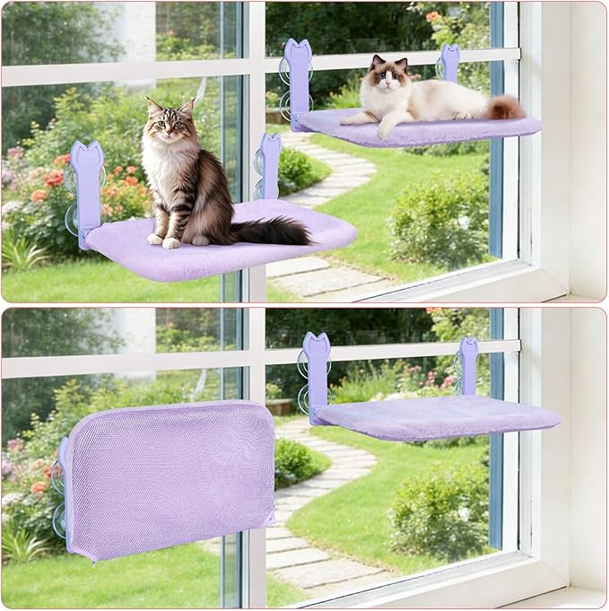 2 Pack Cat Window Perch,Cat Window Hammock Cordless Foldable Window Bed with 4 Large Strong Suction Cup,Reversible Cushion Cover,Metal Frame Easy to Adjust Window Seat Holds up to 40lbs(Purple)