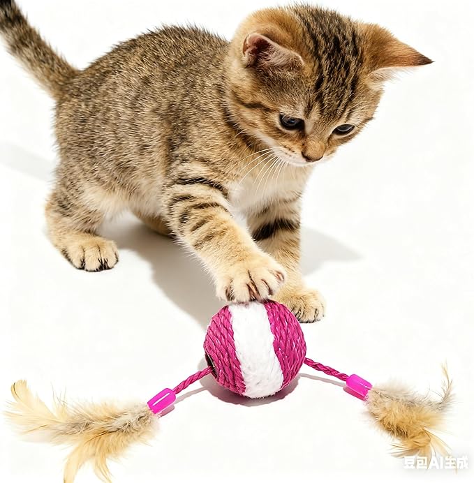 1x Hemp Ball Cat Toy,Six-Hole Hollow-Out Designed,Sisal Hemp Woven Cat Toy, Plume Bell Inside,Special Kitten Chew Toys for Indoor Cats,Interactive pet (Random Color Delivery, 6cm Ball)